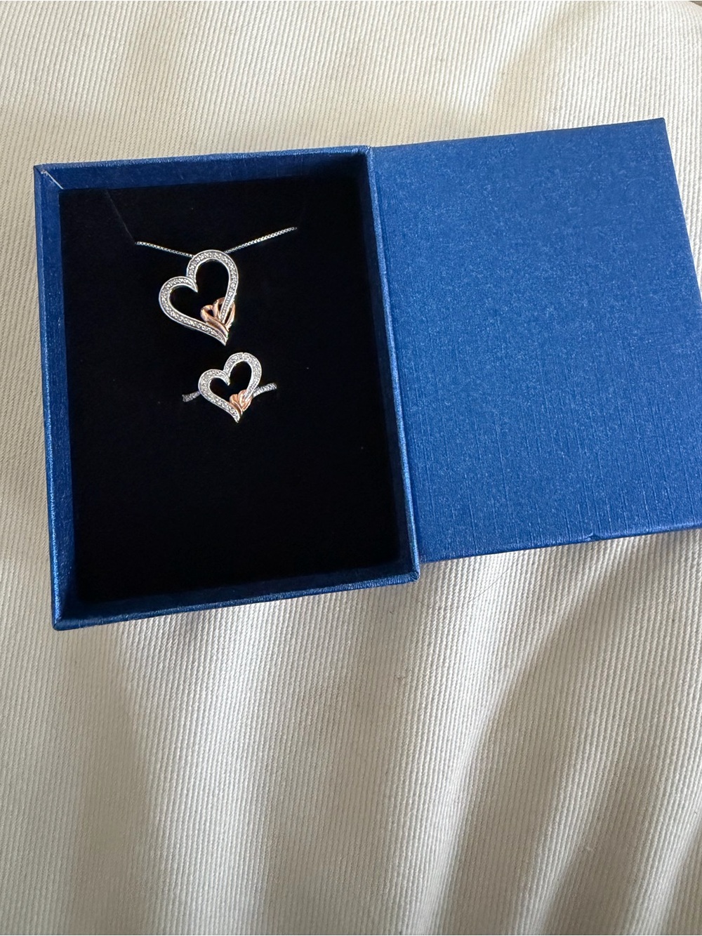 Heart Duo Pendant Necklace and Ring Set - Silver with Rose Gold Accents